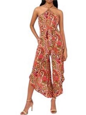 1. State Red Paisley Halter Wide-Leg Asymmetrical Jumpsuit large